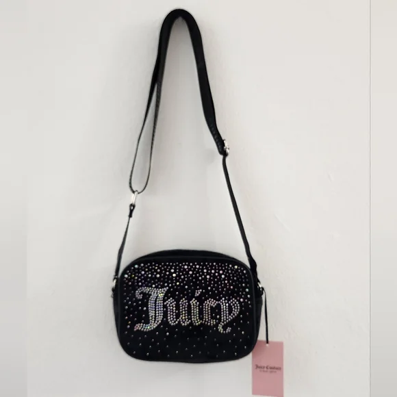 Juicy Couture Black "Let It Shine" Velvet Rhinestone Encrusted Crossbody Bag - Picture 3 of 17
